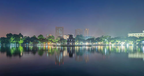 Scenic view of lake by buildings against sky