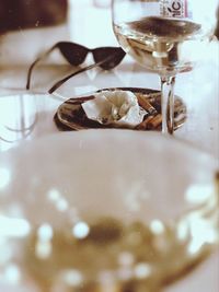 Close-up of beer glass on table