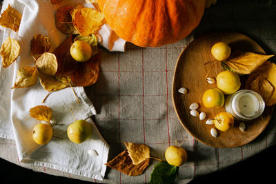 High angle view of fruits in bowl on table