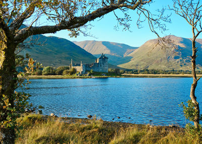 Scenic view of lake and mountains against sky