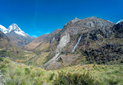 Scenic view of mountains against clear blue sky