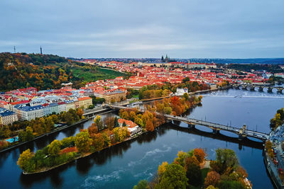 Aerial view of prague cityscape in autumn season