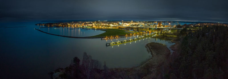 High angle view of illuminated city at night