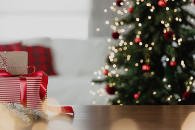 Close-up of christmas decorations on table