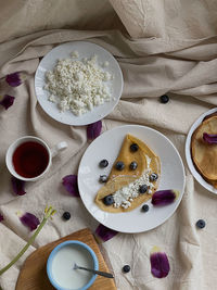 High angle view of breakfast on table