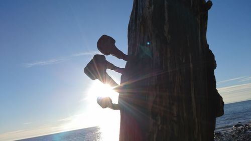 Close-up of tree trunk by sea against sky