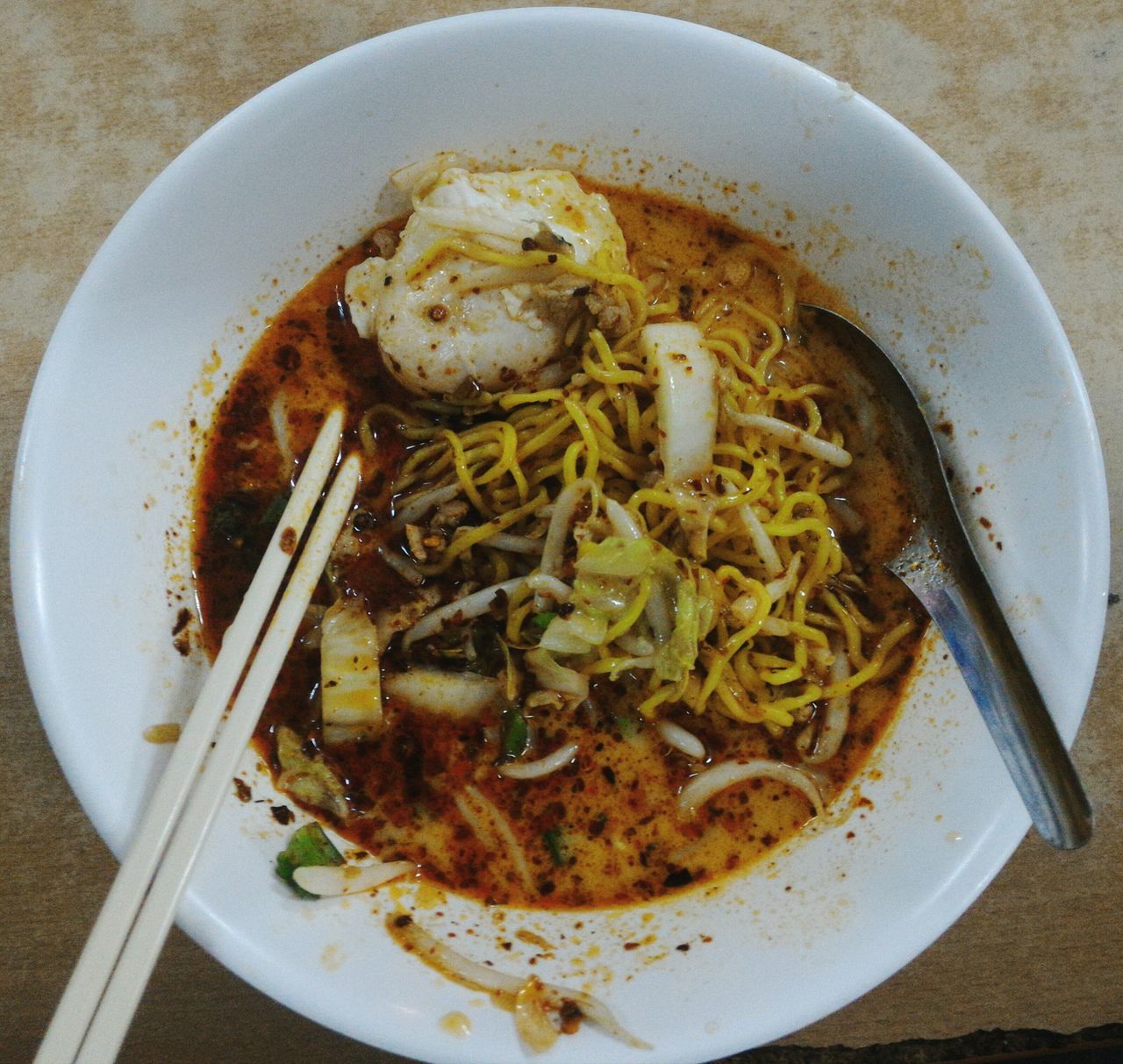 food and drink, food, indoors, freshness, healthy eating, ready-to-eat, plate, meal, still life, table, serving size, high angle view, bowl, noodles, close-up, seafood, meat, directly above, soup, vegetable