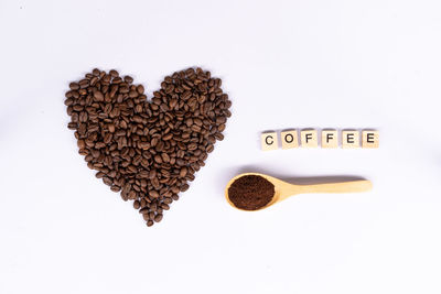 Directly above shot of heart shape coffee on white background