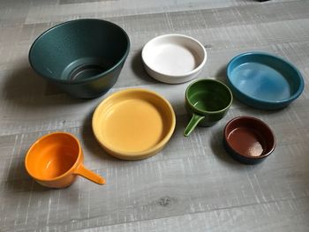 High angle view of various utensils on table