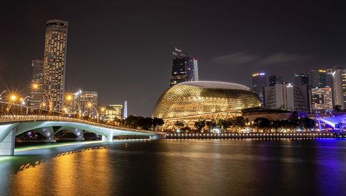 Illuminated city buildings at night
