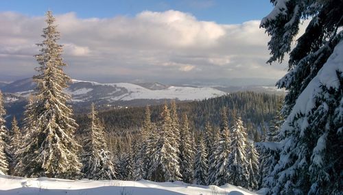 Scenic view of snowcapped mountains against sky during winter