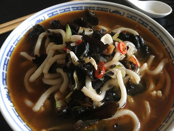 High angle view of soup in bowl on table