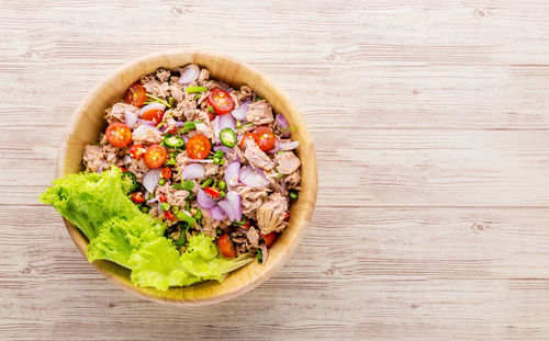 High angle view of chopped fruit on table