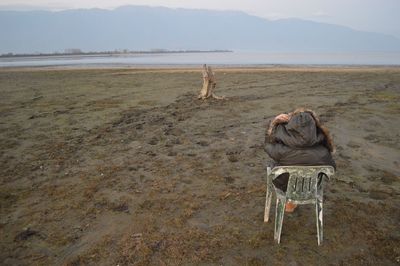 Rear view of man sitting on shore against sky