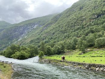 Scenic view of river by mountains against sky