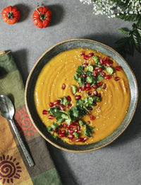 High angle view of food in bowl on table