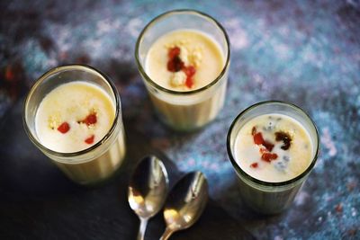 High angle view of breakfast on table