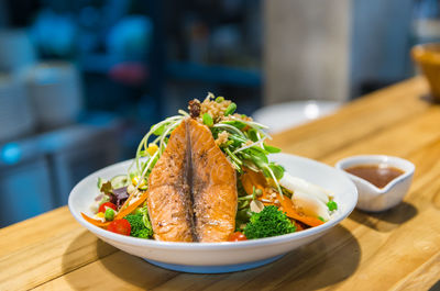 Close-up of meal served on table