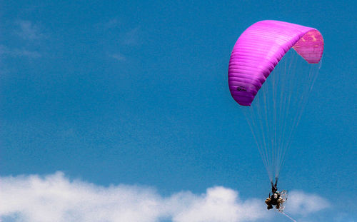 Low angle view of person paragliding against sky