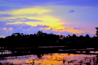 Reflection of silhouette trees in water against sky