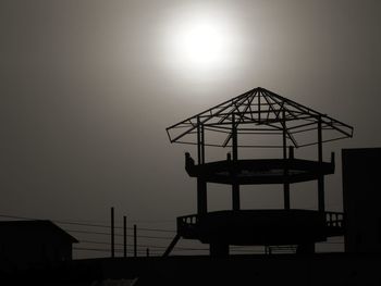 Silhouette hut by sea against sky during sunset