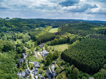 High angle view of trees on field against sky