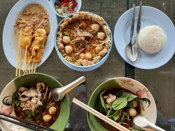 High angle view of food served on table