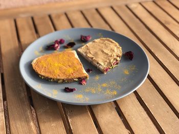 High angle view of breakfast served on table