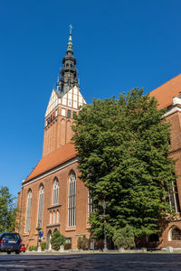 Low angle view of trees and building against sky