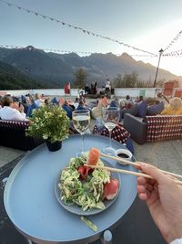 Musical event at sunset in the mountains