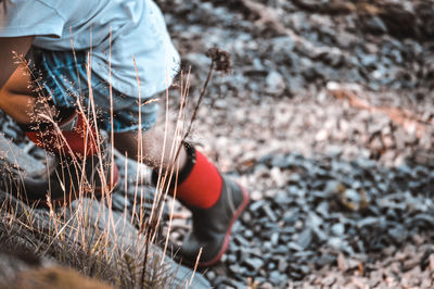 Close-up of man working on field