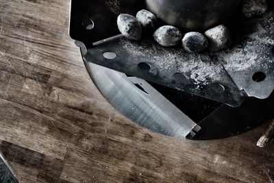 High angle view of eggs on cutting board