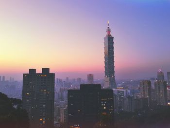 City skyline at sunset