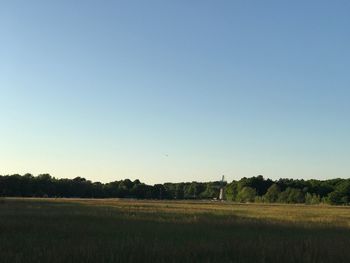 Scenic view of field against clear blue sky