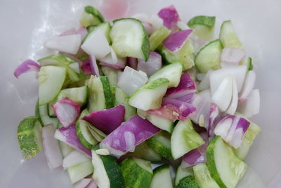 High angle view of chopped vegetables in plate