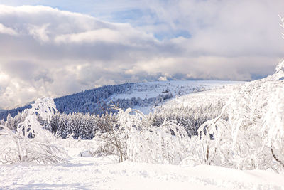 Scenic view of snow covered landscape against sky