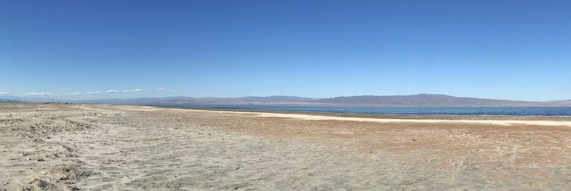 Scenic view of beach against clear blue sky