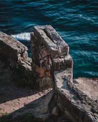 High angle view of old rock on sea shore