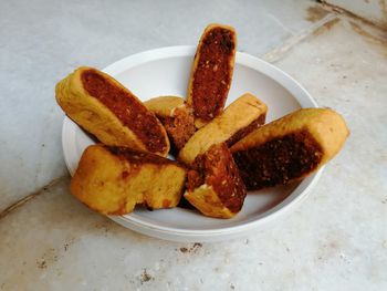 High angle view of bread in plate on table