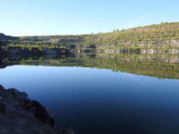 Scenic view of lake against clear blue sky