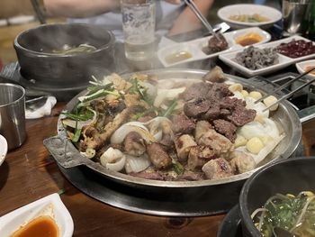 High angle view of food served on table