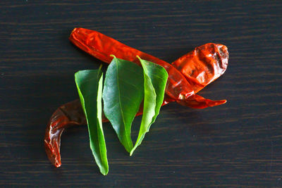 Close-up of red leaves on table