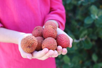 Midsection of woman holding lychees in cupped hands