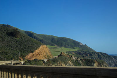 Scenic view of mountains against clear blue sky