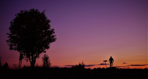 Silhouette trees on field against sky at sunset