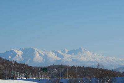 Scenic view of snowcapped mountains against clear sky