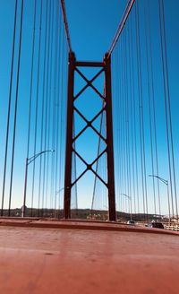 Low angle view of suspension bridge against blue sky