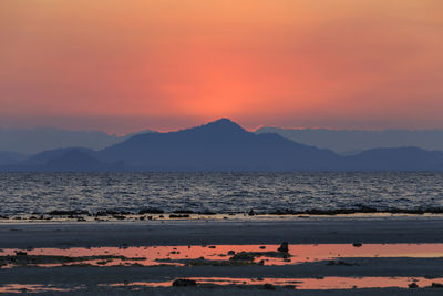 Scenic view of sea against romantic sky at sunset