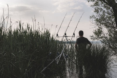 Rear view of man standing by plants against sky