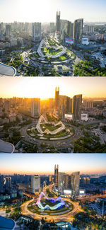 High angle view of buildings in city against sky